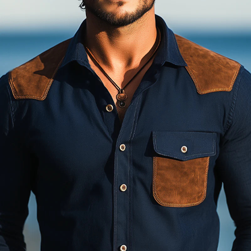 Israel | Men'S Business Cotton Suede Stitching Long Sleeve Shirt - Image 6