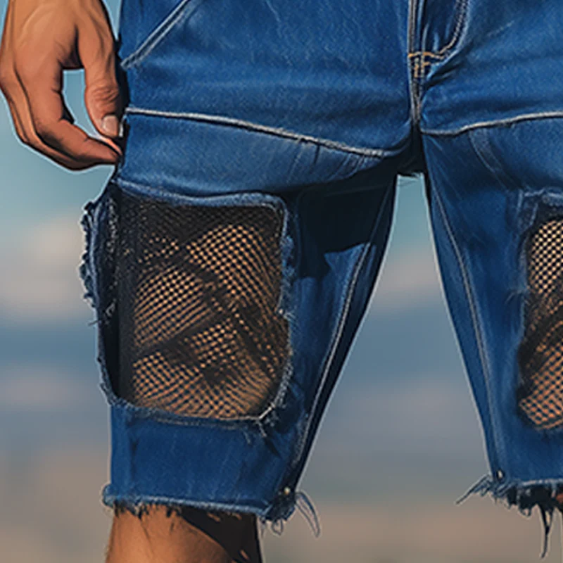 Israel | Men'S Spring And Summer Fashion Casual Denim Washed Splicing Mesh Shorts - Image 6
