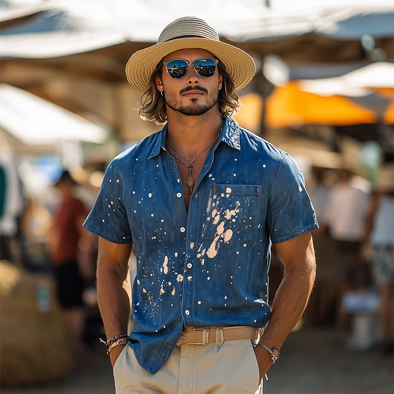 Israel | Men'S Spring And Summer Fashion Casual Washed Denim Personality Ink-Splashed Short-Sleeved Shirt - Image 3