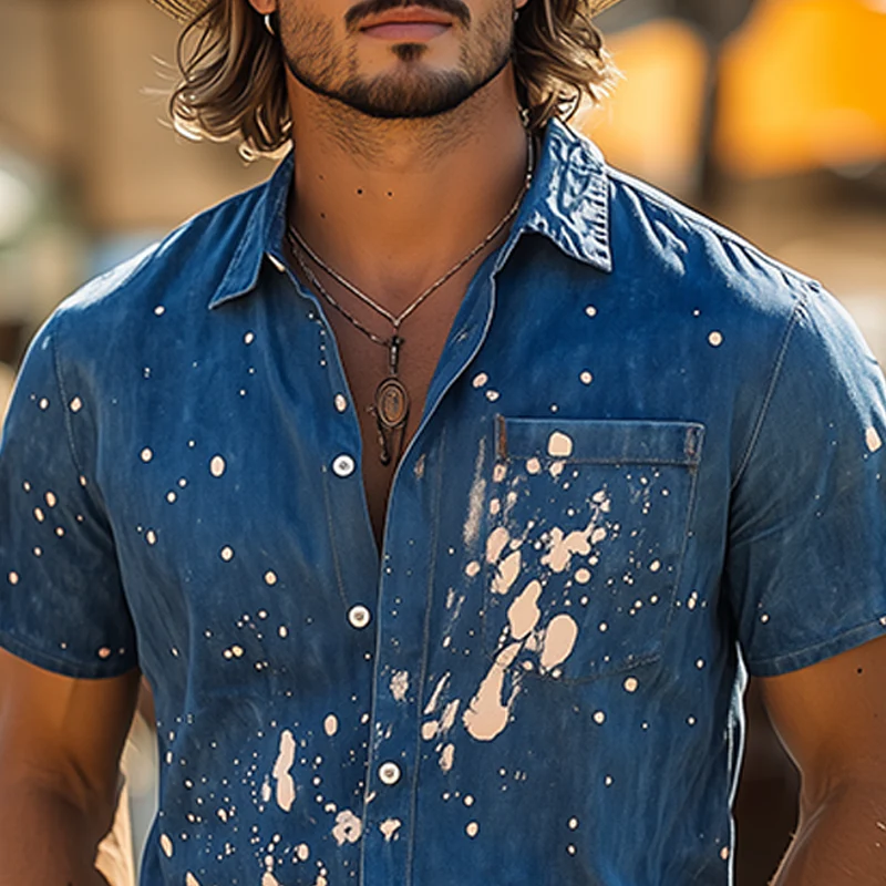 Israel | Men'S Spring And Summer Fashion Casual Washed Denim Personality Ink-Splashed Short-Sleeved Shirt - Image 4
