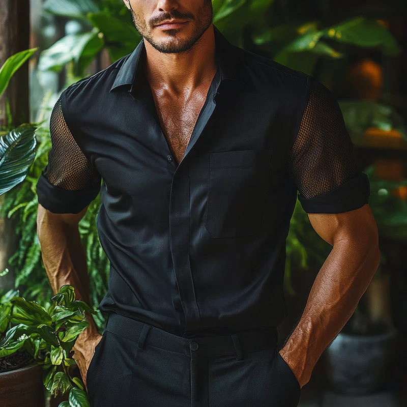 Jacob | Men'S Solid Color Mesh Short Sleeve Stitching Lapel Shirt - Image 2
