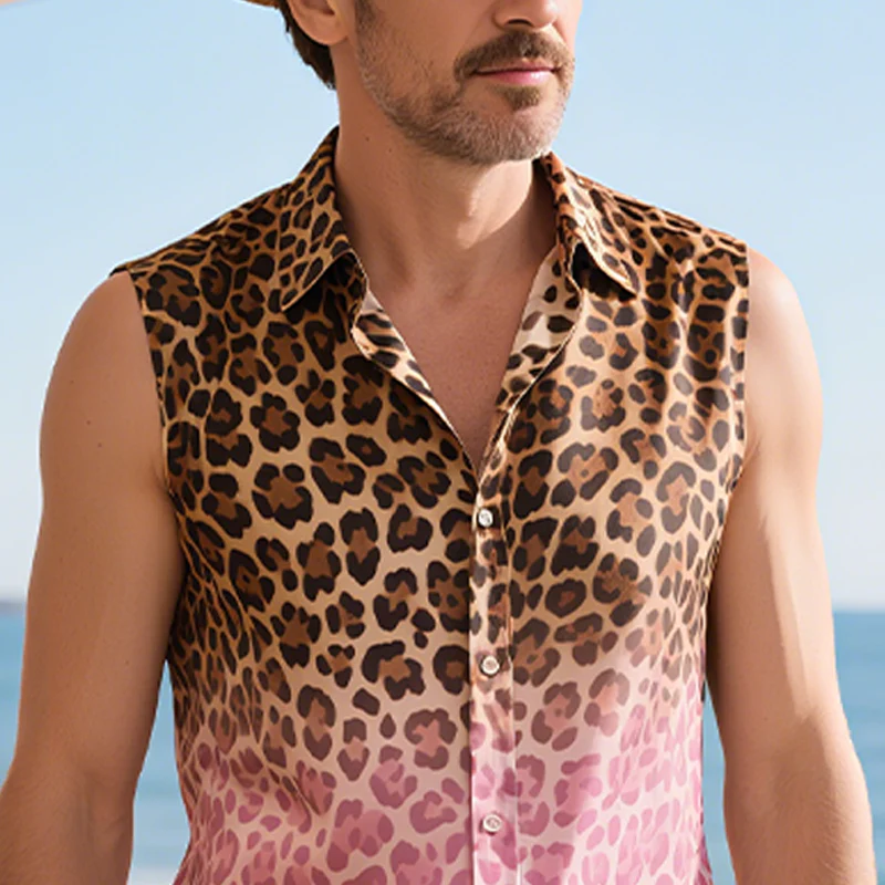 Jarrod | Men'S Spring And Summer Fashion Casual Satin Gradient Leopard Print Sleeveless Shirt - Image 4