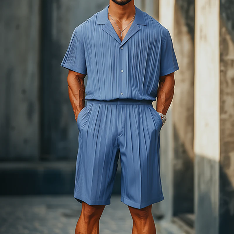 Javier | Men'S Spring And Summer Fashion Casual Cool Pleated Fabric Short-Sleeved Shirt Length To Knee Shorts Set - Image 2