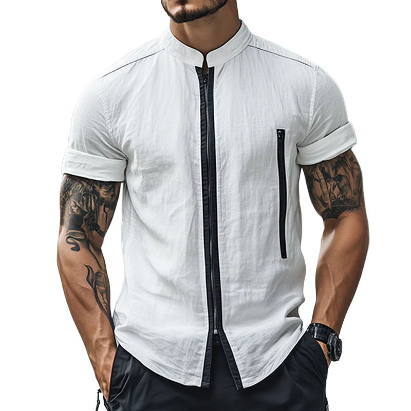 Jeffrey | Men'S Retro Casual Linen Zipper Stand Collar Short Sleeve Shirt
