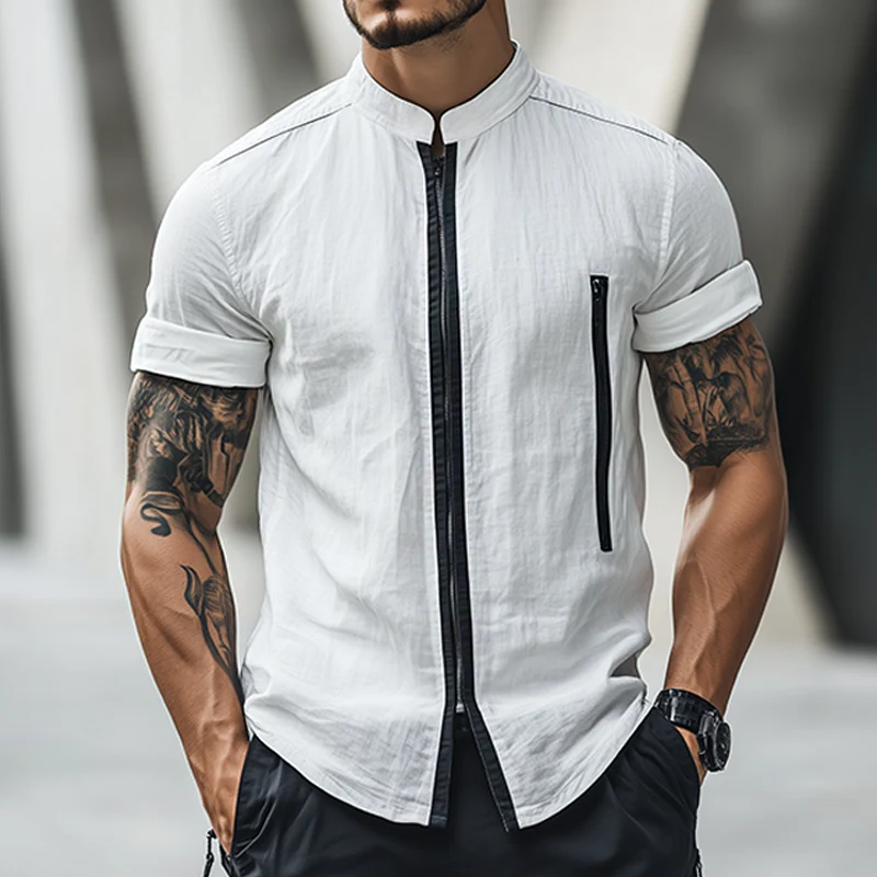 Jeffrey | Men'S Retro Casual Linen Zipper Stand Collar Short Sleeve Shirt - Image 2