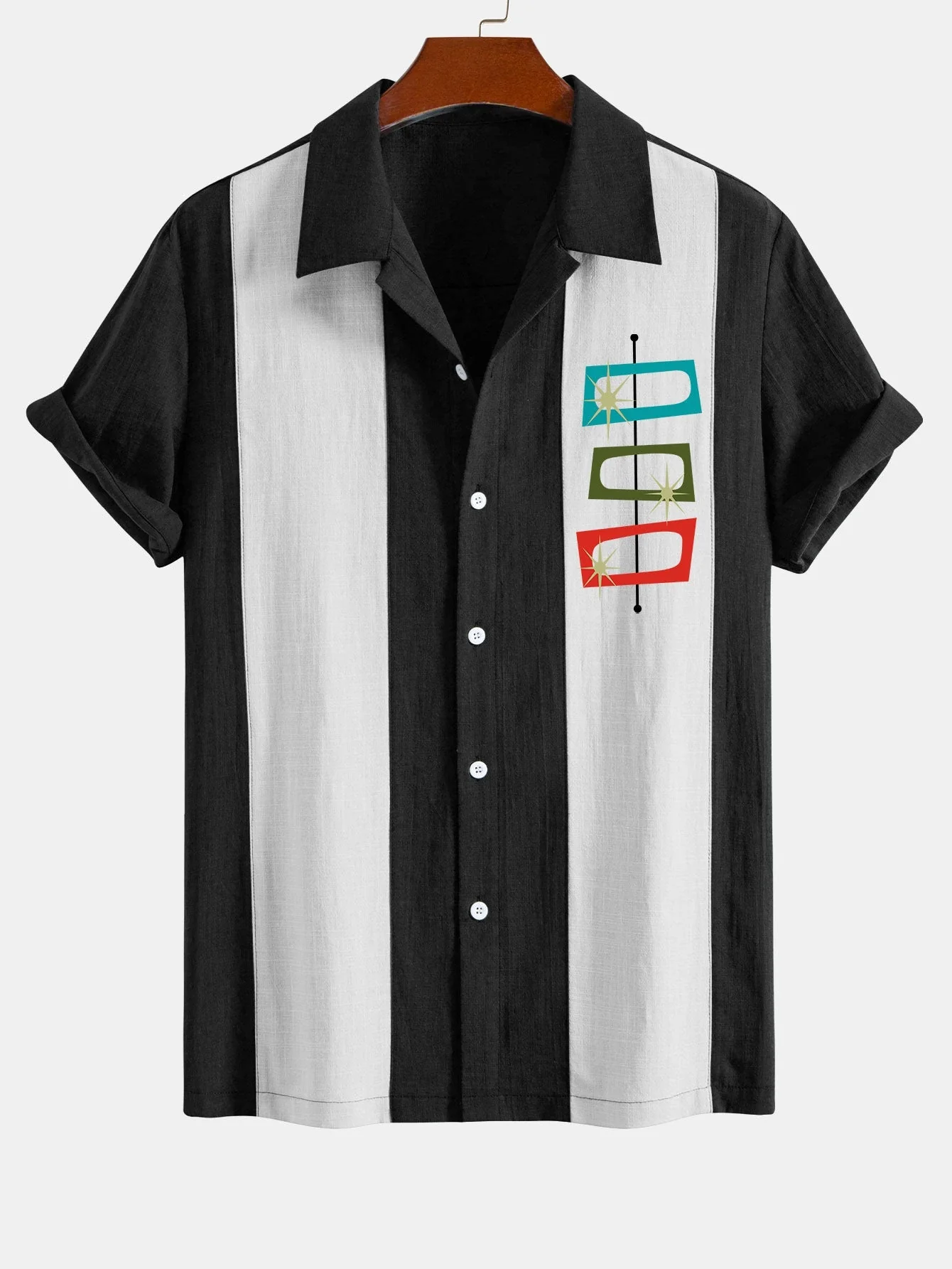 Jeremías® | Atomic Print Linen Look Patchwork Bowling Shirt - Image 5
