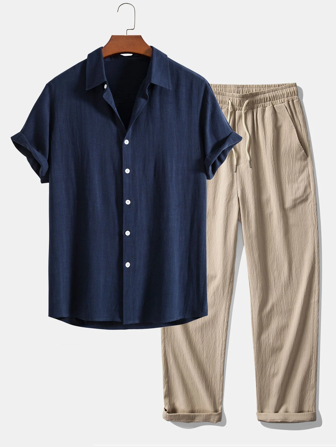 Jeremías® | Linen Rayon Blend Button Up Shirt & Wrinkle Textured Straight Leg Pants - Image 2
