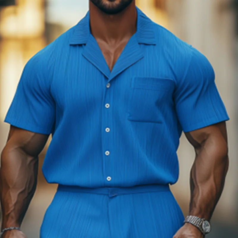 Jesus | Men'S Spring And Summer Fashion Casual Cool Pleated Fabric Short-Sleeved Shirt Shorts Set - Image 5