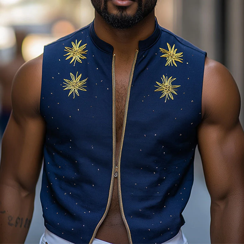 Jesus | Men'S Summer Fashion Star Embroidery Cotton And Linen Sleeveless Shirt - Image 2