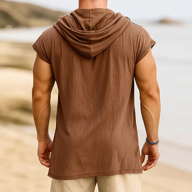 John | Men'S Retro Casual Cotton Linen Colorblock Fake Two-Piece Hooded Short-Sleeved Shirt - Image 3