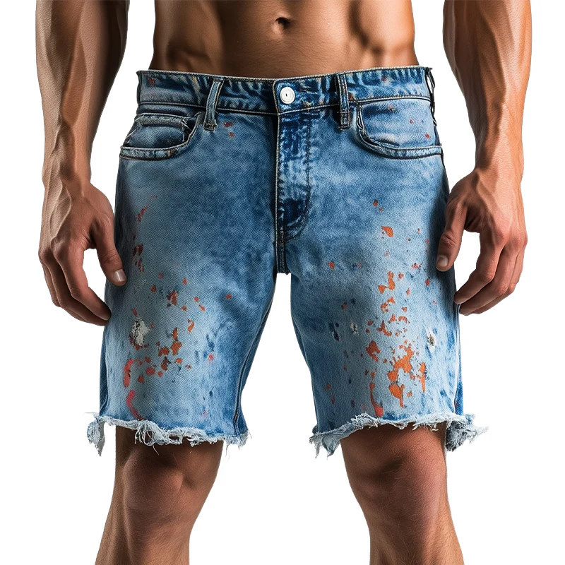 Johnny | Men'S Spring And Summer Fashion Casual Washed Denim Colorful Ink-Splashed Hem Shorts