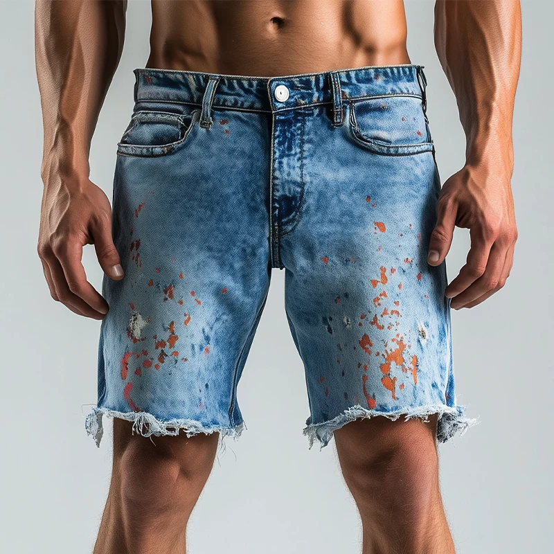 Johnny | Men'S Spring And Summer Fashion Casual Washed Denim Colorful Ink-Splashed Hem Shorts - Image 2
