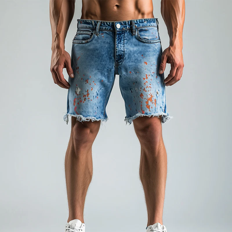 Johnny | Men'S Spring And Summer Fashion Casual Washed Denim Colorful Ink-Splashed Hem Shorts - Image 3