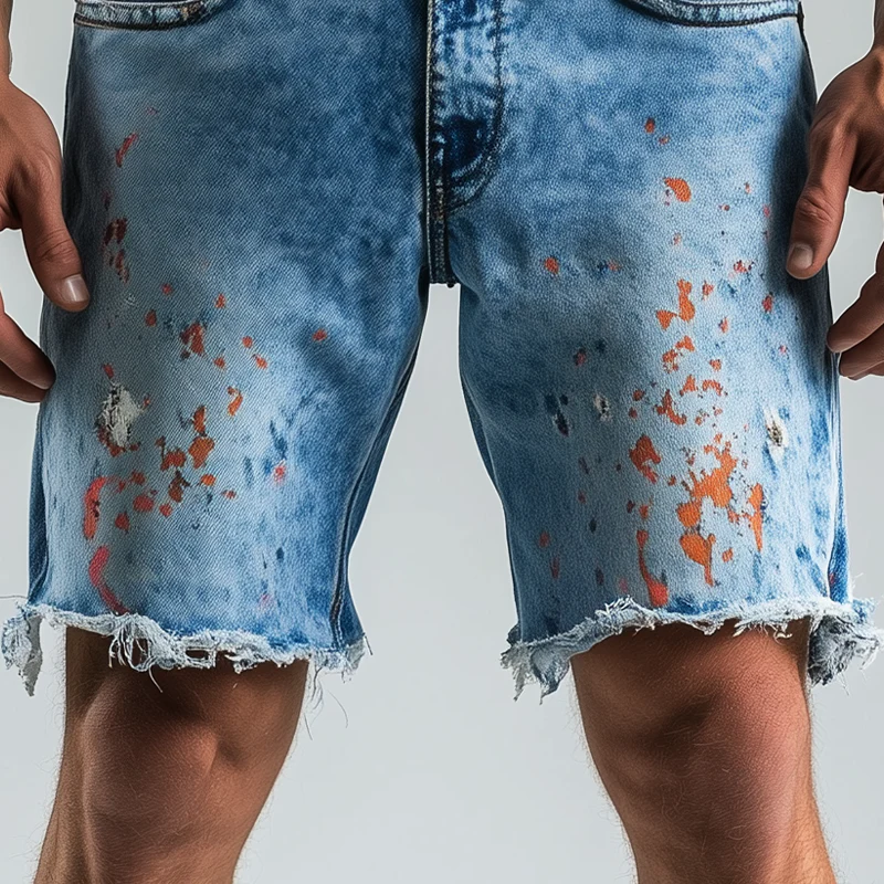Johnny | Men'S Spring And Summer Fashion Casual Washed Denim Colorful Ink-Splashed Hem Shorts - Image 5
