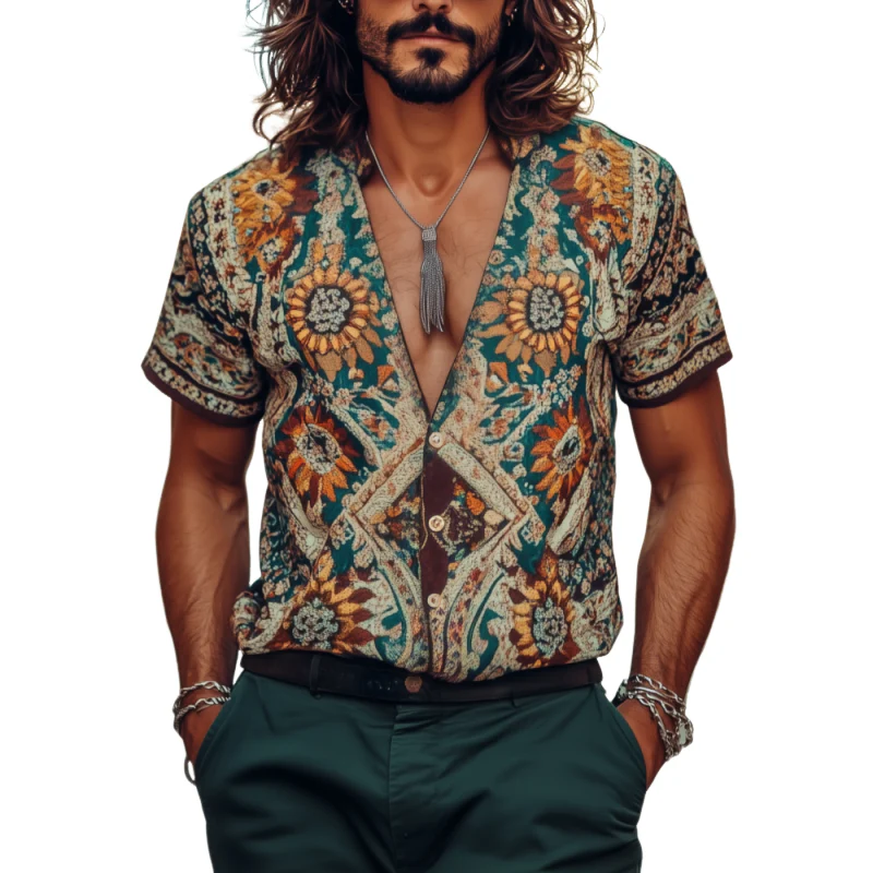 Johnny | Men'S Vintage Bohemian Print V-Neck Loose Short Sleeve Shirt