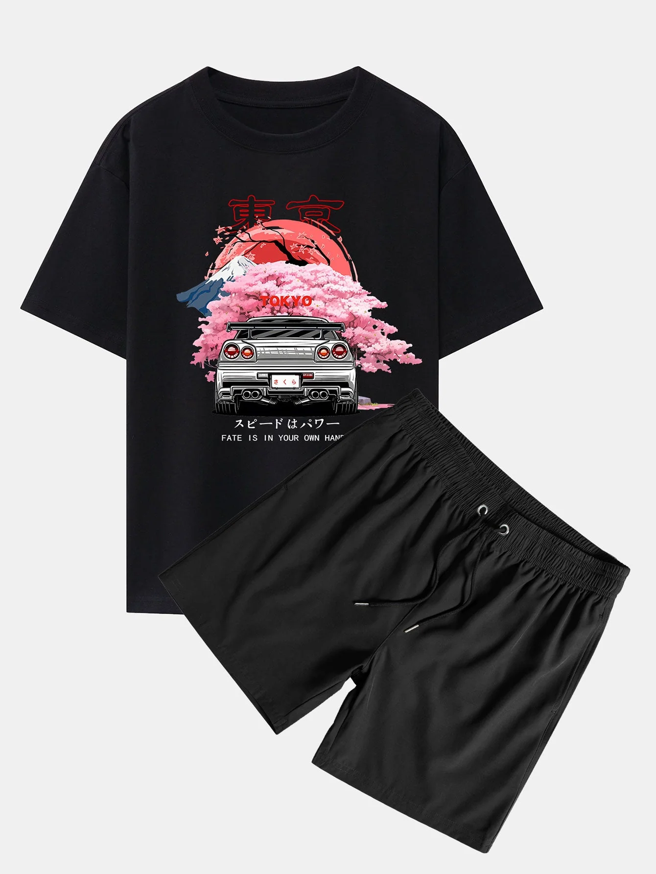 Jorge® | Tokyo Cherry Blossoms Car Print Drop Shoulder Oversize T-Shirt & Swim Shorts - Image 4