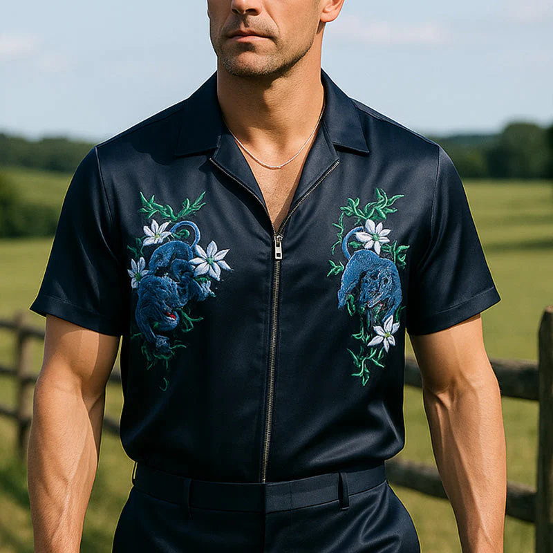 Jorge | Men'S Summer Fashion Satin Embroidery Short Sleeve Zipper Shirt - Image 2