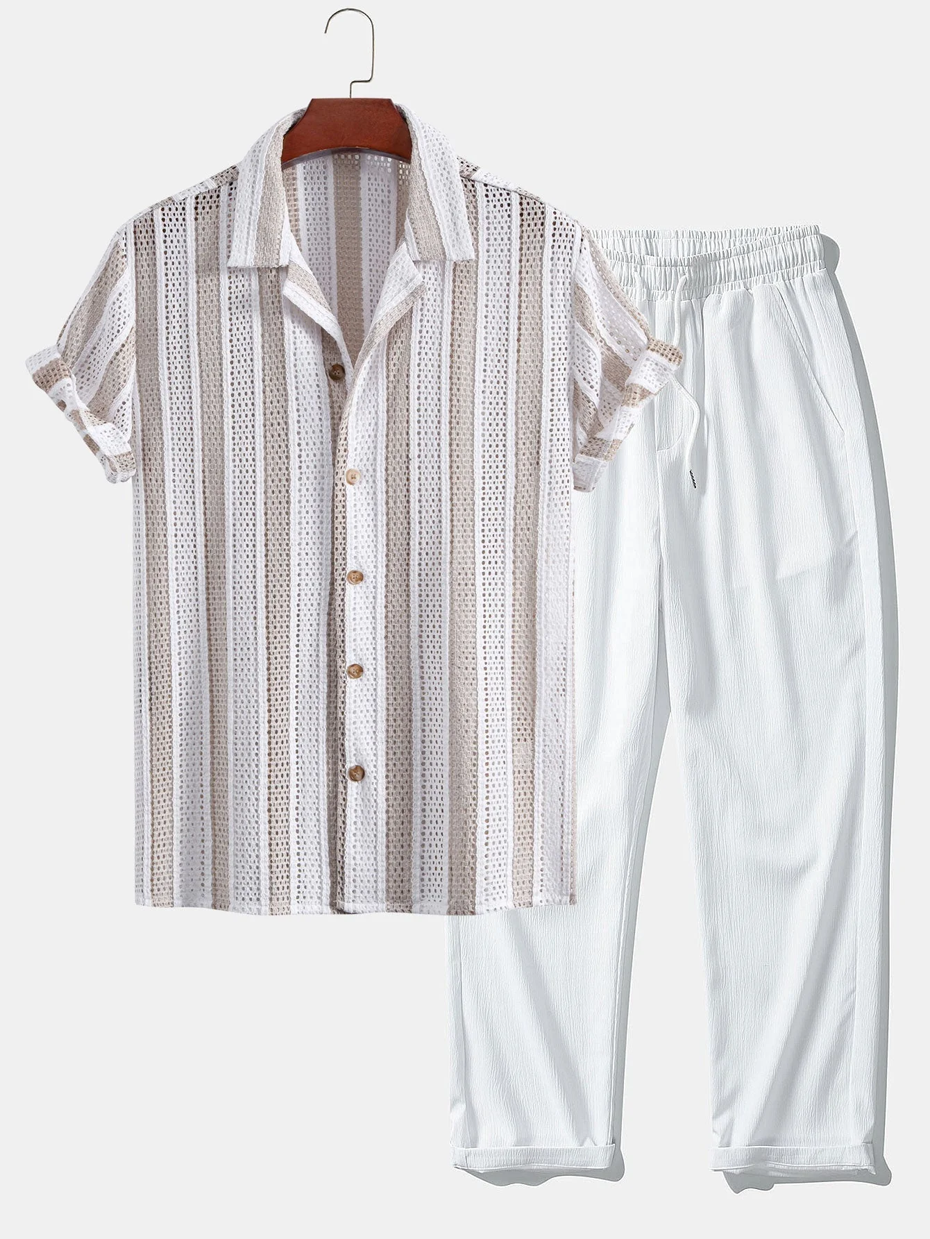 Josafat® | Striped Mesh Cuban Shirt & Wrinkle Textured Straight Leg Pants - Image 2