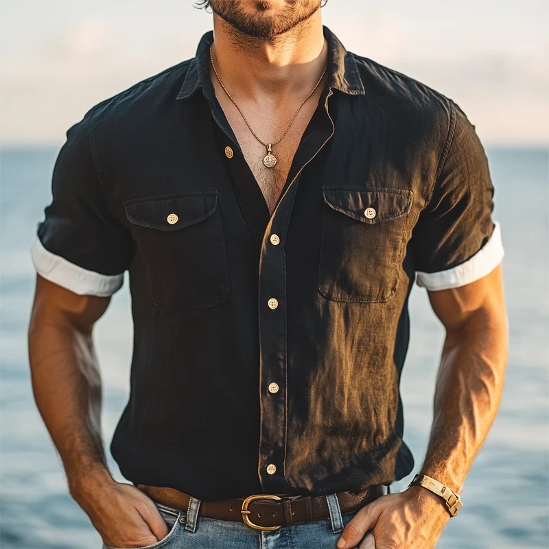 Jose | Men'S Summer Business Color Matching Lapel Short-Sleeved Shirt - Image 2