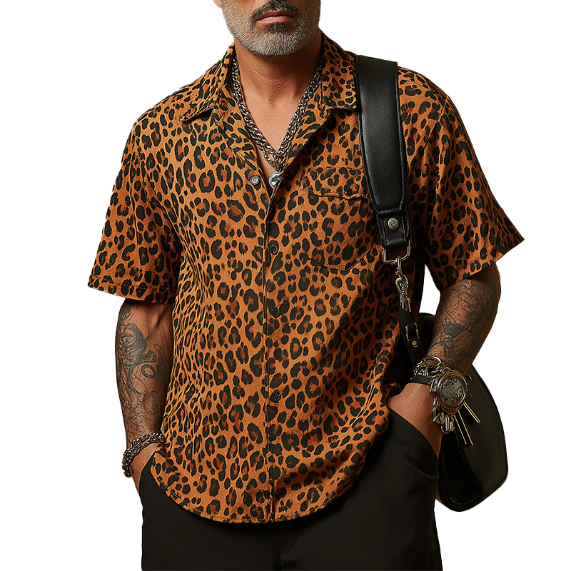Jose | Men'S Vintage Leopard Print Cotton Blend Short Sleeve Shirt