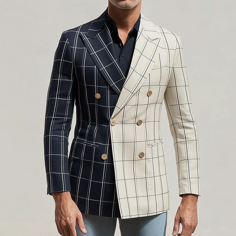 Joshua | Men'S Stylish Colorblock Cotton Blend Plaid Peaked Lapel Double-Breasted Slim-Fit Blazer - Image 2
