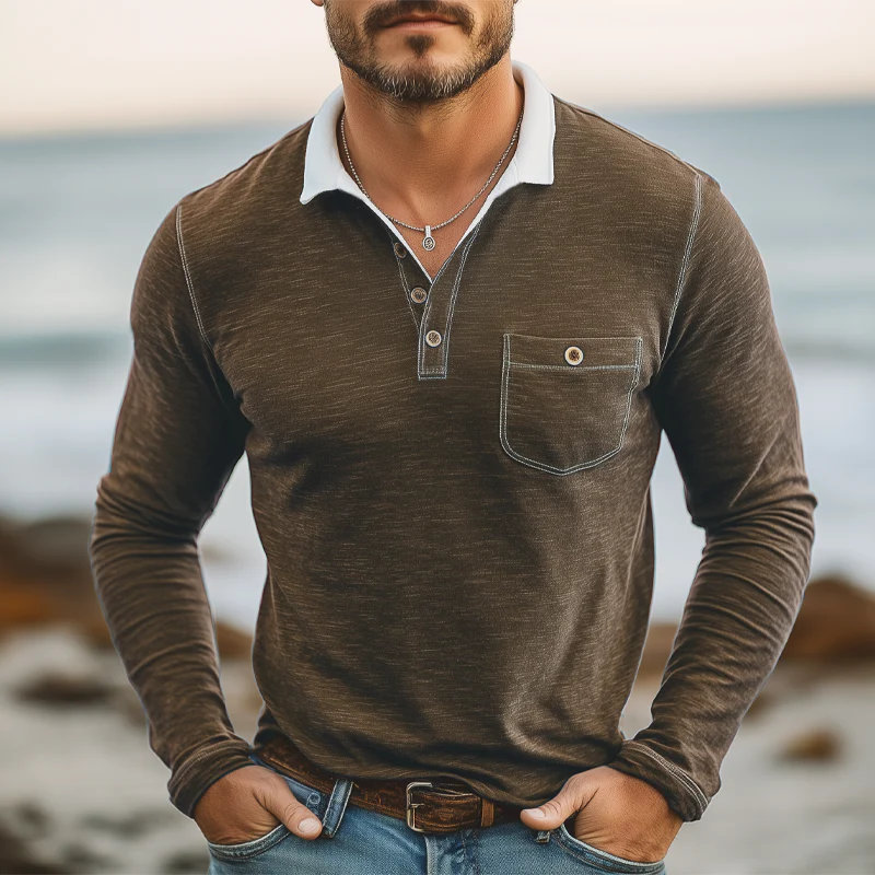 Juan | Men'S Business Cotton Colorblock Collar Long Sleeve Polo Shirt - Image 5