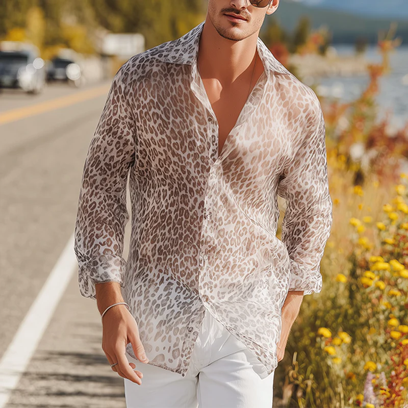 Juan | Men'S Summer Fashion Casual Chiffon Slightly Transparent Sexy Leopard Print Long Sleeve Shirt - Image 2