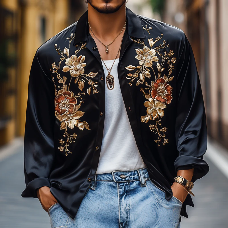 Juan | Men'S Vintage Flower Embroidery Elegant Solid Satin Lapel Loose Long Sleeve Shirt - Image 2