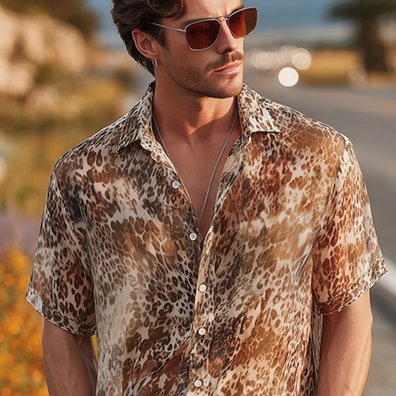 Julian | Men'S Summer Fashion Casual Chiffon Slightly Transparent Sexy Leopard Print Short-Sleeved Shirt - Image 4