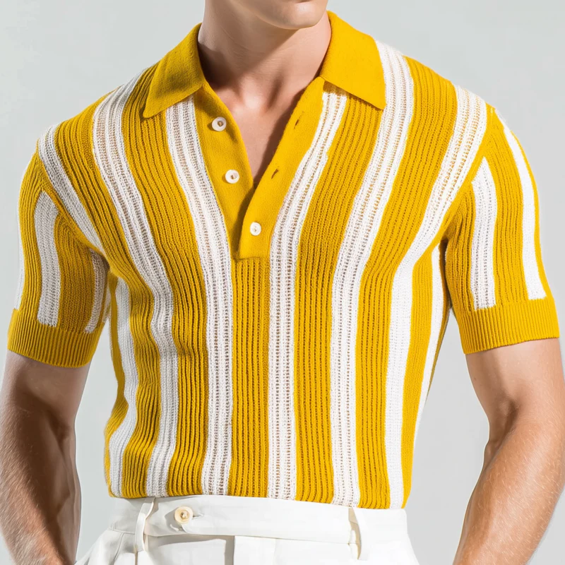 Julio | Men'S Casual Breathable Contrast Color Vertical Stripes Lapel Slim Fit Knitted Short-Sleeved Polo Shirt - Image 3