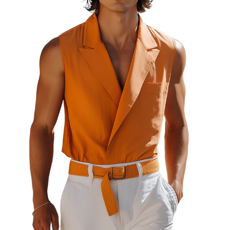 Julio | Men'S Spring And Summer Fashion Casual Cotton Blended Blazer Collar Concealed Placket Double Breasted Adjustable Sleeveless Shirt