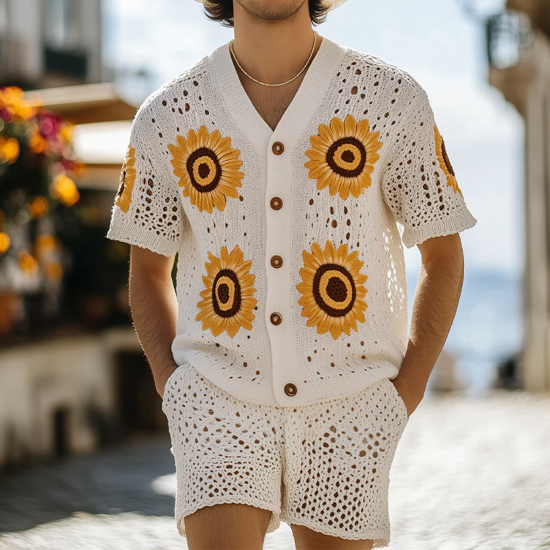 Julius | Men'S Spring And Summer Fashion Leisure Vacation Style Knitted Hollow Flower Short-Sleeved Shirt Elastic Waist Shorts Set - Image 2