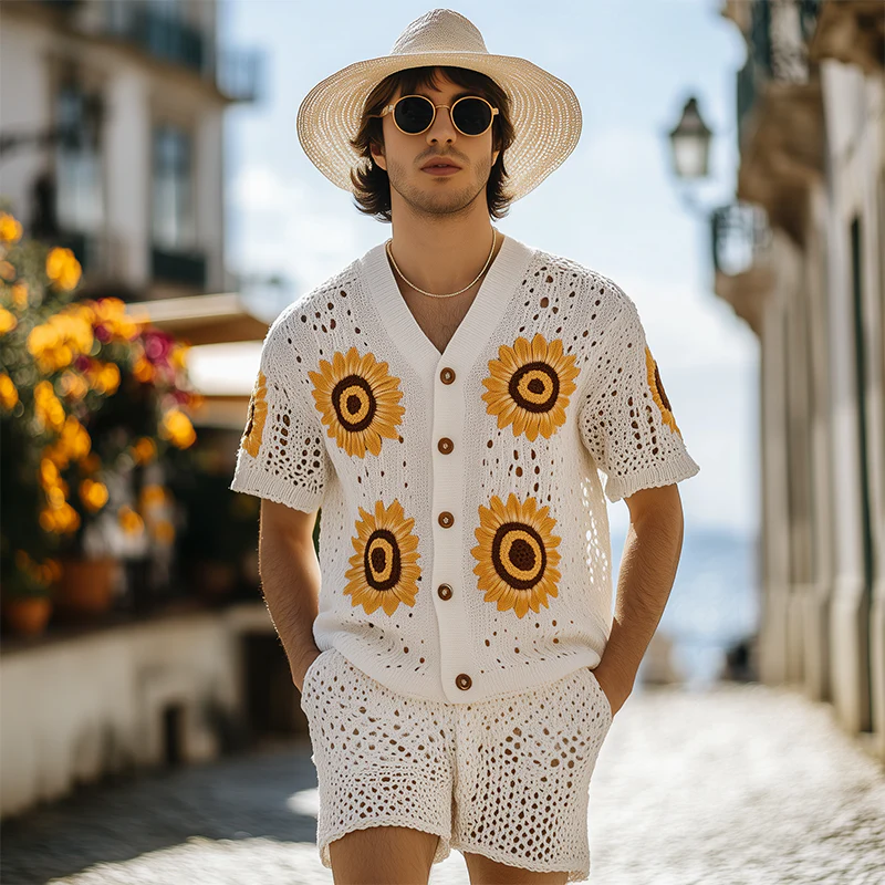 Julius | Men'S Spring And Summer Fashion Leisure Vacation Style Knitted Hollow Flower Short-Sleeved Shirt Elastic Waist Shorts Set - Image 3