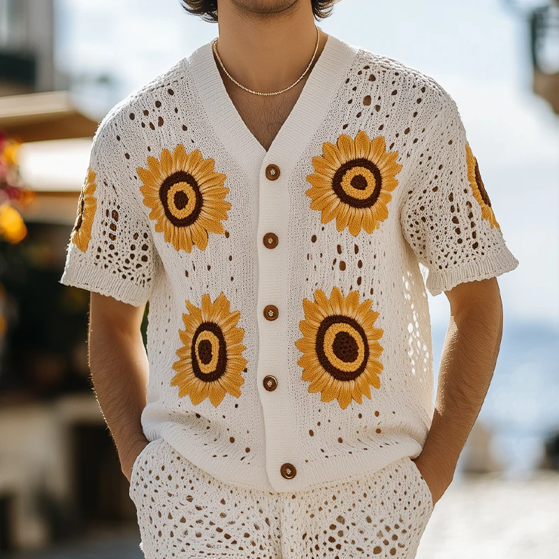 Julius | Men'S Spring And Summer Fashion Leisure Vacation Style Knitted Hollow Flower Short-Sleeved Shirt Elastic Waist Shorts Set - Image 4