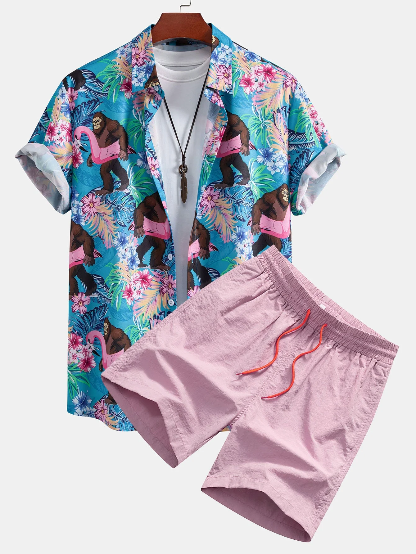 Justin® | Tropical Plants And Orangutan Print Button Up Shirt & Swim Shorts