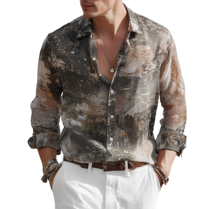 Justin | Men'S Summer Fashion Casual Chiffon Slightly Transparent Sexy Art Print Long Sleeve Shirt