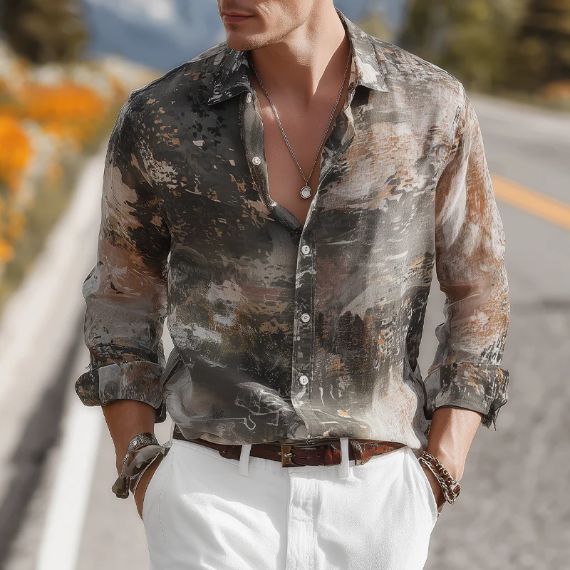 Justin | Men'S Summer Fashion Casual Chiffon Slightly Transparent Sexy Art Print Long Sleeve Shirt - Image 2