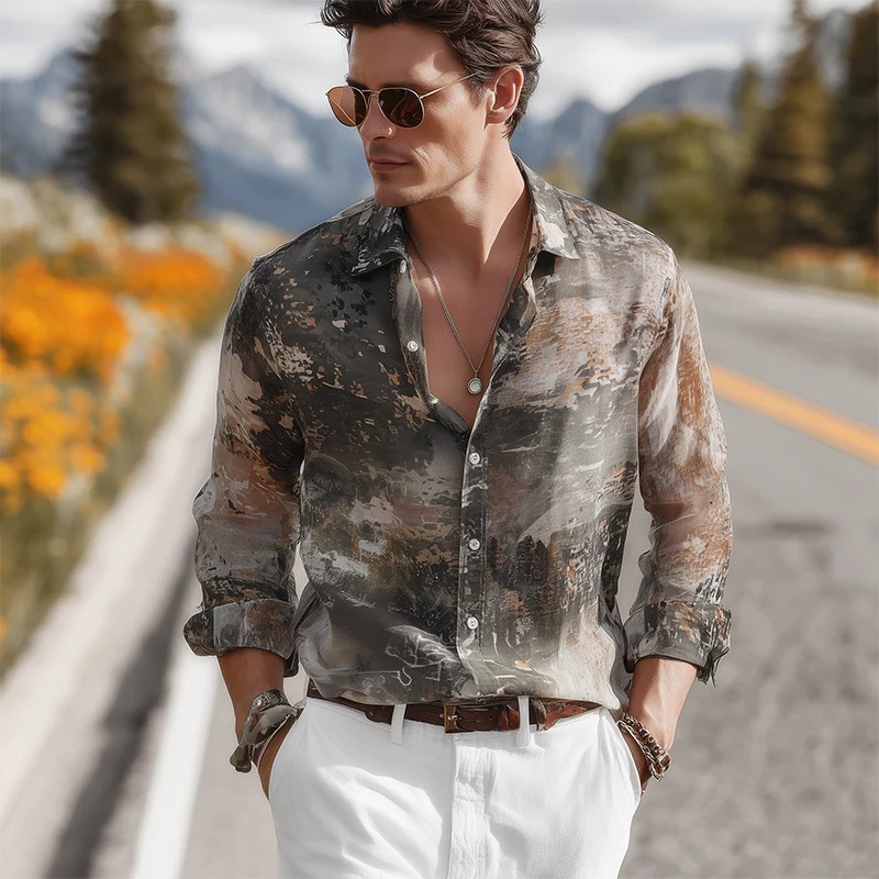 Justin | Men'S Summer Fashion Casual Chiffon Slightly Transparent Sexy Art Print Long Sleeve Shirt - Image 3
