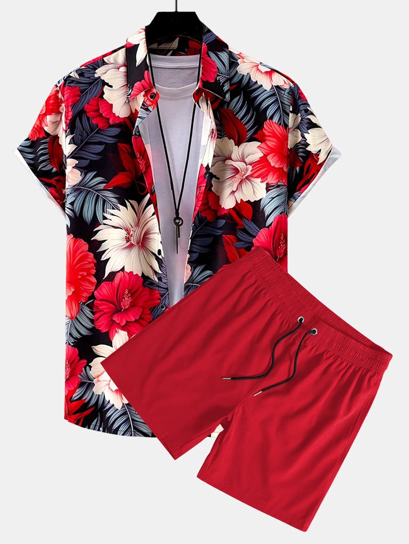 Keith® | Tropical Flowers Print Button Up Shirt & Solid Drawstring Swim Shorts