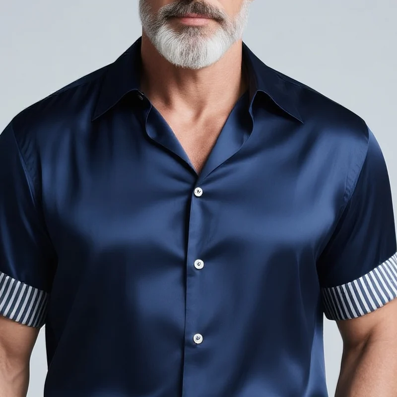 Keith | Men'S Striped Rolled Short Sleeve Lapel Satin Shirt - Image 3