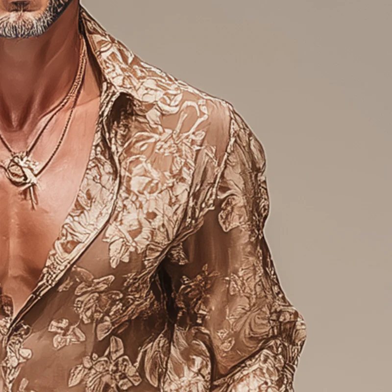 Ken | Men'S Vintage Printed Chiffon Long Sleeve Shirt - Image 4