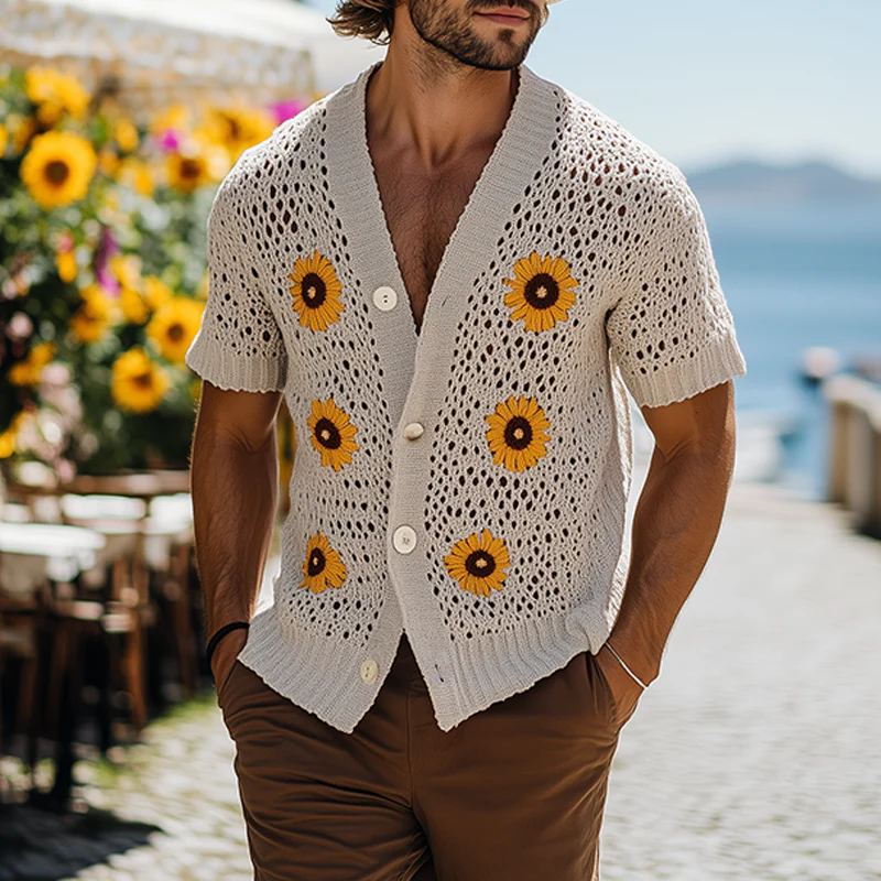 Kendall | Men'S Spring And Summer Fashion Casual Vacation Style Knitted Hollow Flower Short-Sleeved Shirt - Image 2