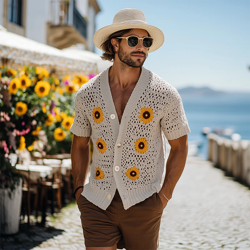 Kendall | Men'S Spring And Summer Fashion Casual Vacation Style Knitted Hollow Flower Short-Sleeved Shirt - Image 3