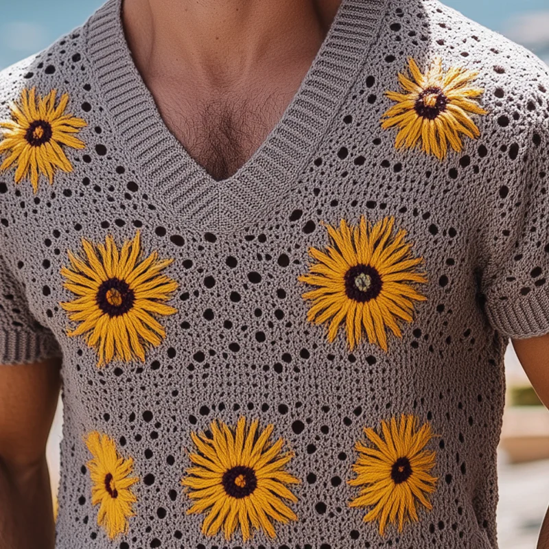 Kent | Men'S Spring And Summer Fashion Leisure Vacation Style Knitted Hollow Flower V-Neck Short-Sleeved T-Shirt - Image 5