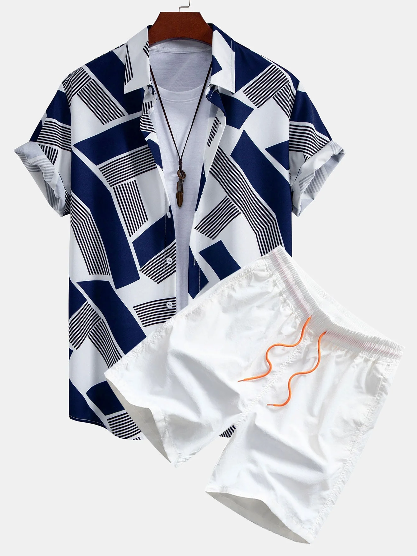 Kevin® | Color Block Geometry Print Button Up Shirt & Swim Shorts - Image 2