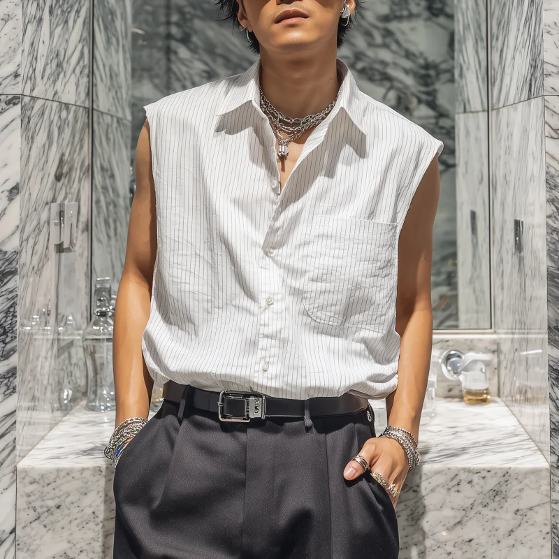 Lamar | Men'S Casual Breathable Cotton Striped Lapel Patch Pocket Loose Sleeveless Shirt - Image 2