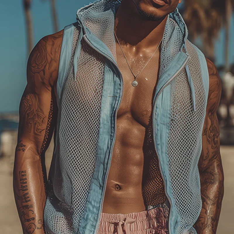 Lamar | Men'S Spring And Summer Fashion Casual Mesh Fabric Splicing Cotton And Linen Slightly Transparent Sexy Hooded Sleeveless Shirt - Image 4
