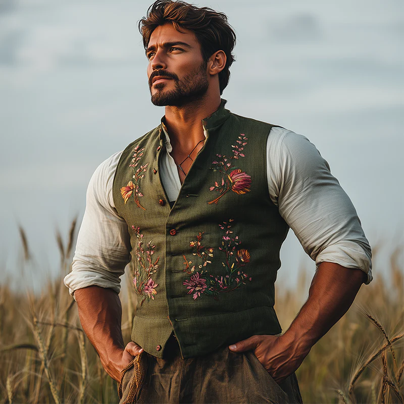 Larry | Men'S Summer Fashion Embroidered Slub Linen Sleeveless Vest - Image 2