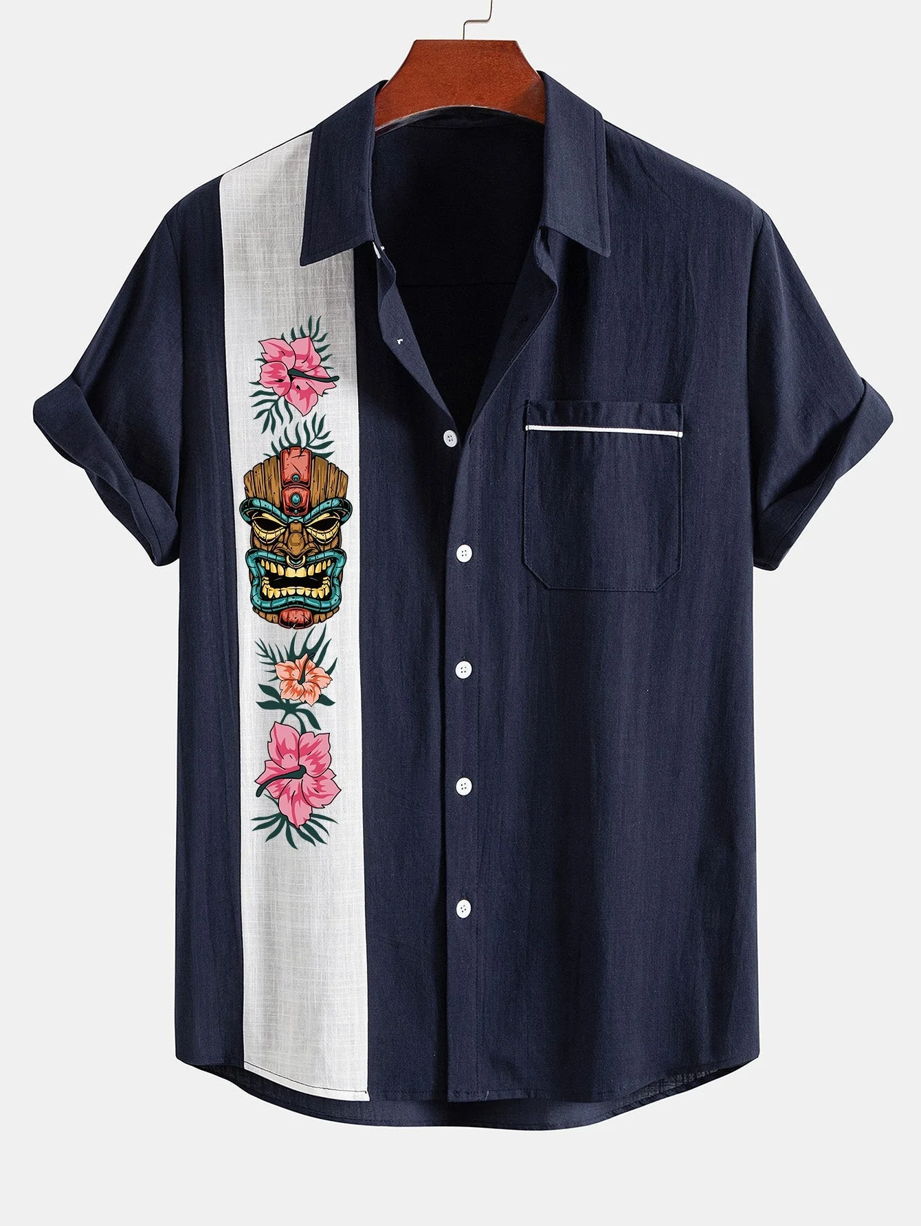 Lázaro® | Tiki Tribe Hawaii Print Linen Look Contrast Button Up Shirt - Image 3