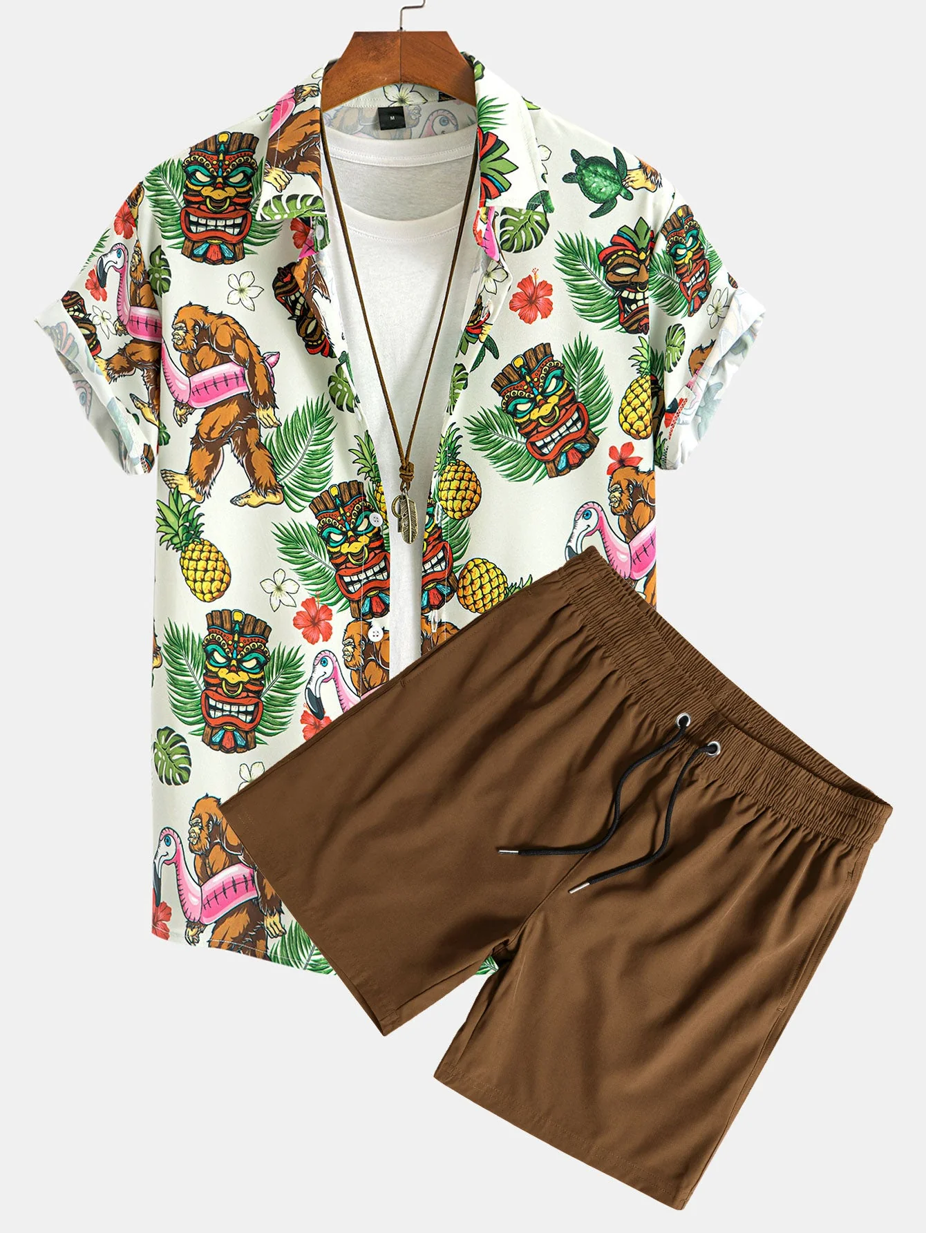 Leon® | Tropical Tiki Bigfoot Print Button Up Shirt & Solid Drawstring Swim Shorts - Image 2